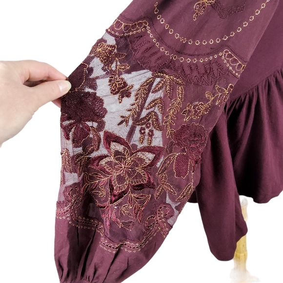 Free People Embroidered Penny Tee Peplum Top In Wine Size Large - Picture 5 of 8
